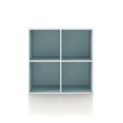 Front facing durable modern four-cubby light blue storage bookcase on a white background