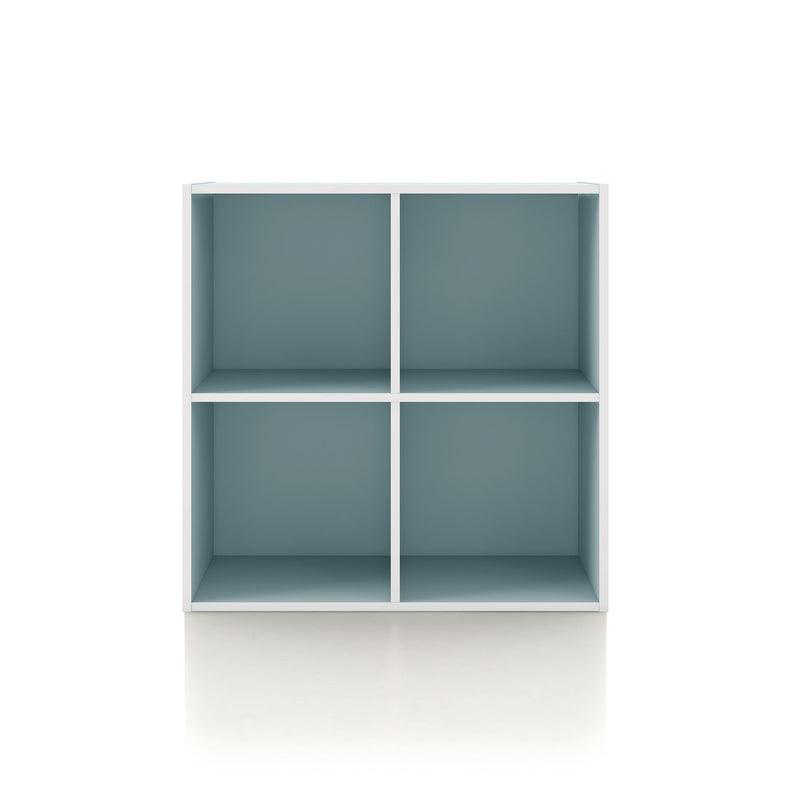 Front facing durable modern four-cubby light blue storage bookcase on a white background