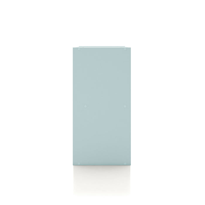 Front facing side view of a durable modern four-cubby light blue storage bookcase on a white background