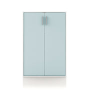Front facing durable modern two-door light blue storage cabinet with silver handles on a white background