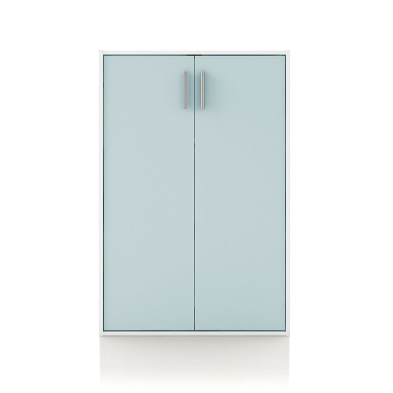 Front facing durable modern two-door light blue storage cabinet with silver handles on a white background