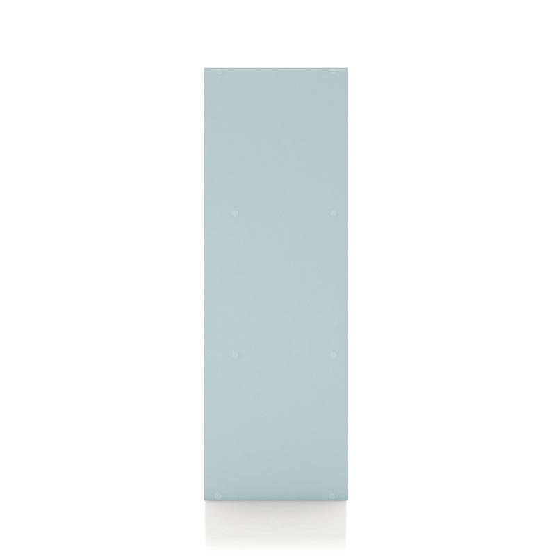Front facing side view of a durable modern two-door light blue storage cabinet with silver handles on a white background