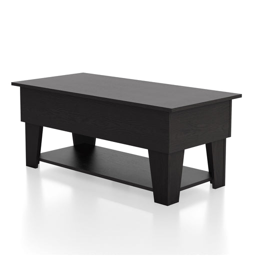 Left facing contemporary lift-top black storage coffee table on a white background