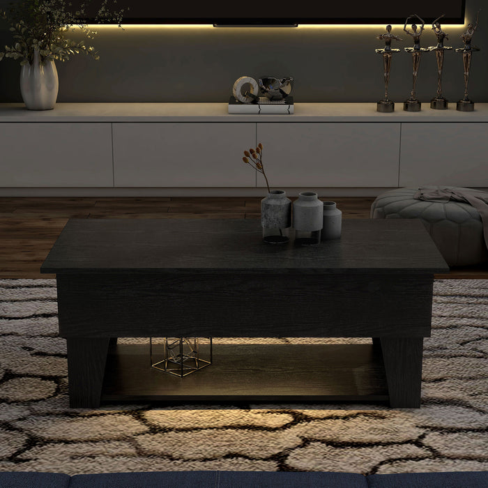 Front facing contemporary lift-top black storage coffee table in a living room with accessories