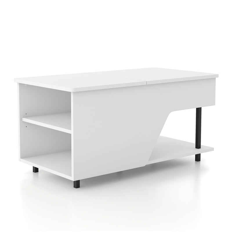 Right facing contemporary white storage coffee table with shelves and a lift top on a white background