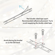 Informational image with the LED lighting installation on a contemporary white storage coffee table with shelves and a lift top