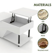 Informational image with the materials on a contemporary white storage coffee table with shelves and a lift top