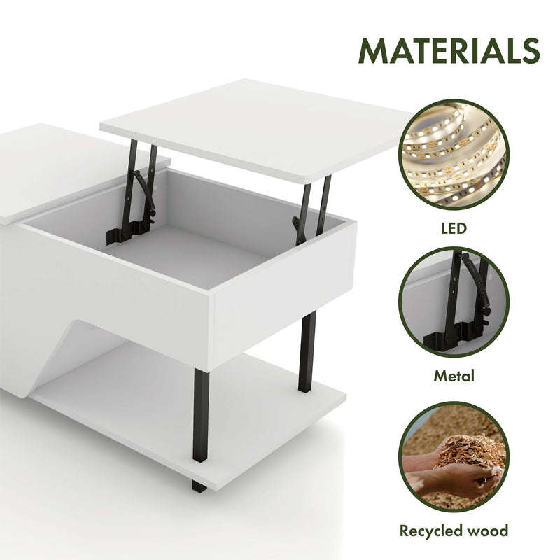 Informational image with the materials on a contemporary white storage coffee table with shelves and a lift top