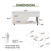 Informational image with the dimensions on a contemporary white storage coffee table with shelves and a lift top