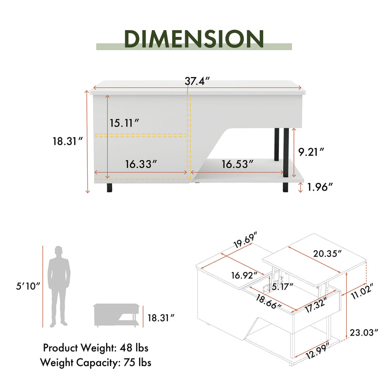 Informational image with the dimensions on a contemporary white storage coffee table with shelves and a lift top