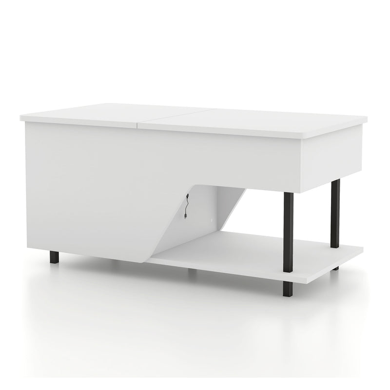 Left facing contemporary white storage coffee table with shelves and a lift top on a white background