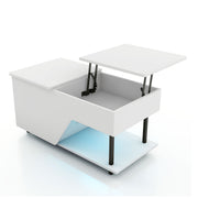 Left facing contemporary white storage coffee table with shelves, lift top, and LED lighting on a white background