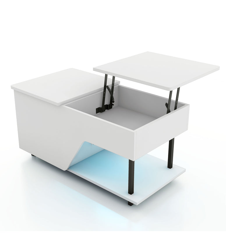 Left facing contemporary white storage coffee table with shelves, lift top, and LED lighting on a white background