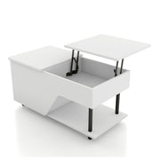 Left facing contemporary white storage coffee table with shelves, lift top, and LED lighting on a white background