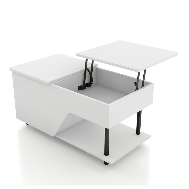 Left facing contemporary white storage coffee table with shelves, lift top, and LED lighting on a white background