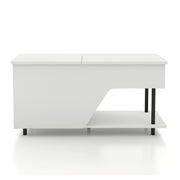 Front facing contemporary white storage coffee table with shelves, lift top, and LED lighting on a white background