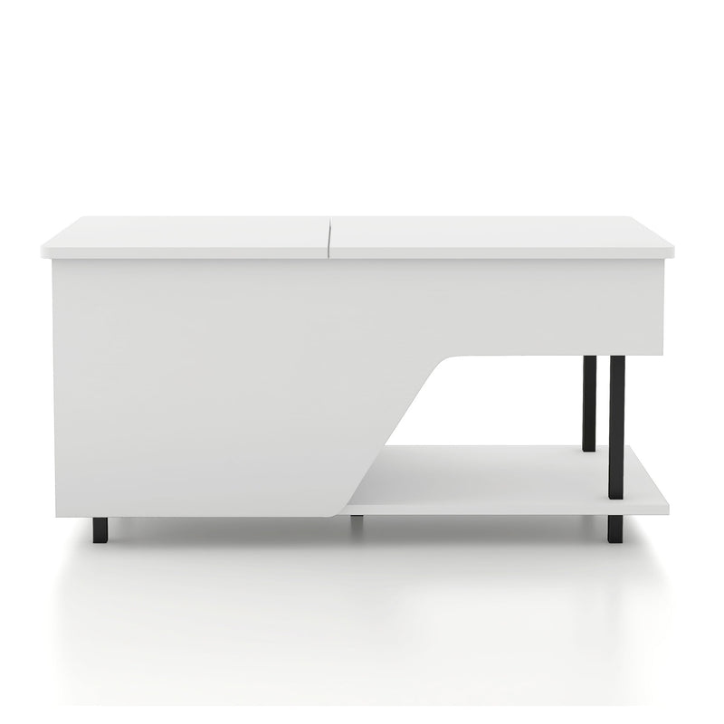 Front facing contemporary white storage coffee table with shelves, lift top, and LED lighting on a white background