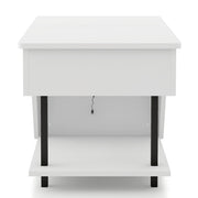 Front facing open side view of a contemporary white storage coffee table with shelves, lift top, and LED lighting on a white background
