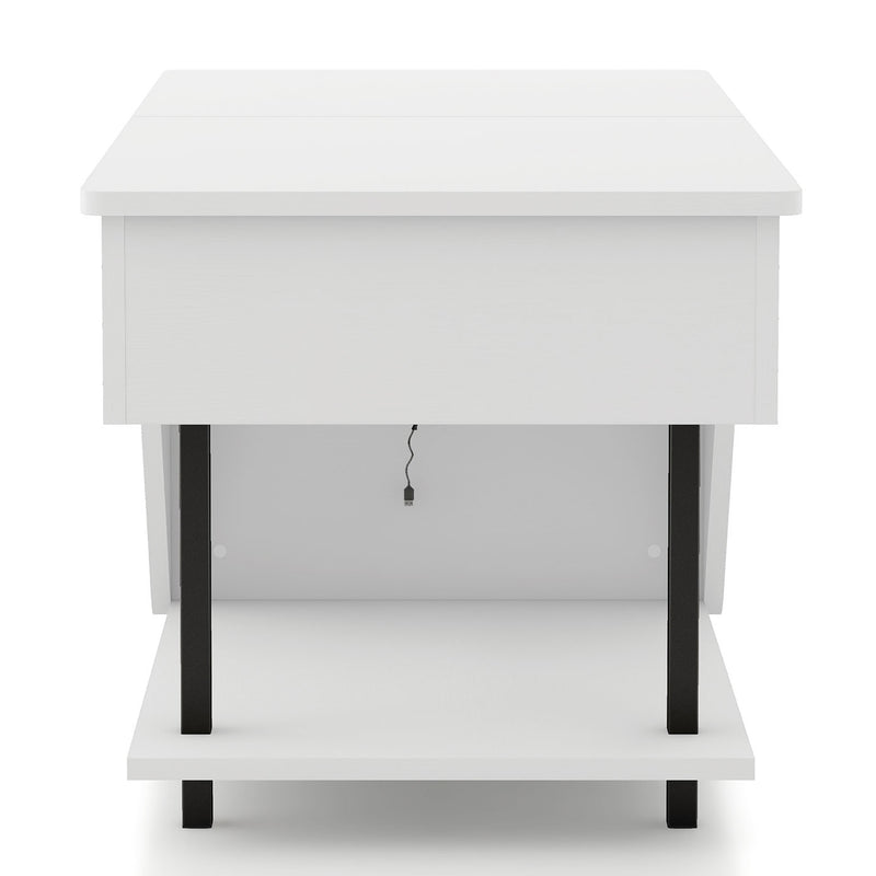 Front facing open side view of a contemporary white storage coffee table with shelves, lift top, and LED lighting on a white background