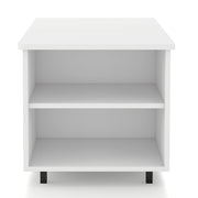 Front facing shelf side view of a contemporary white storage coffee table with shelves, lift top, and LED lighting on a white background