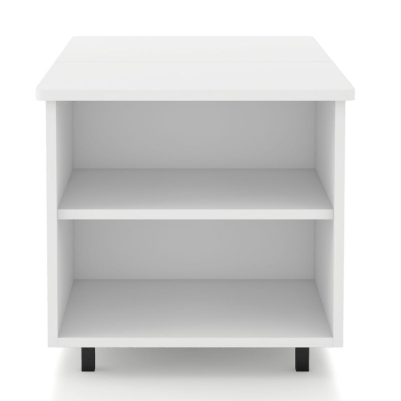 Front facing shelf side view of a contemporary white storage coffee table with shelves, lift top, and LED lighting on a white background