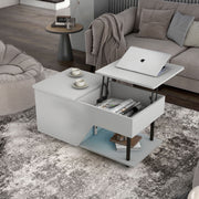 Left facing contemporary white storage coffee table with shelves and a lift top in a living room with accessories