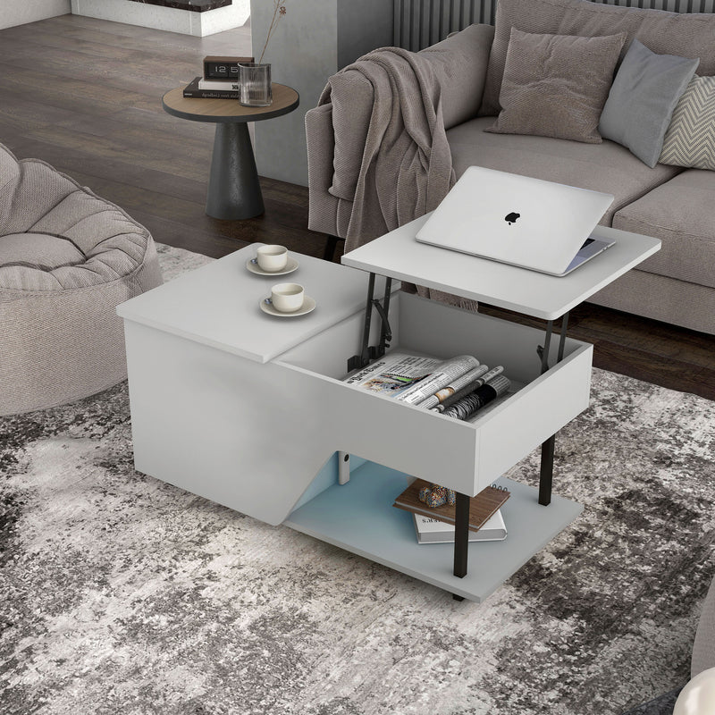 Left facing contemporary white storage coffee table with shelves and a lift top in a living room with accessories