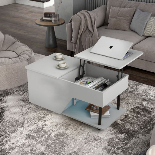 Left facing contemporary white storage coffee table with shelves and a lift top in a living room with accessories