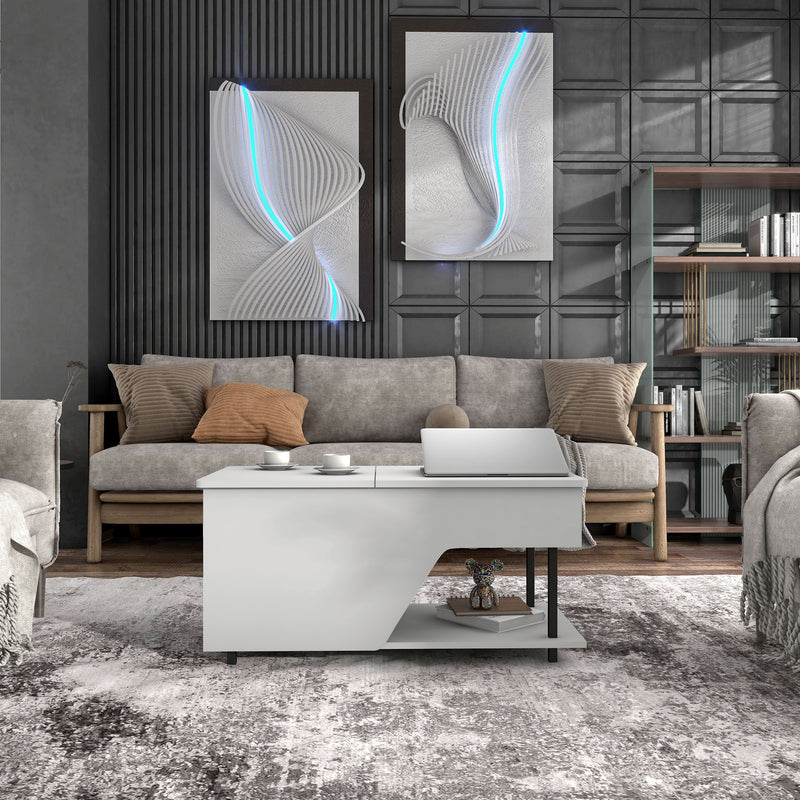 Front facing contemporary white storage coffee table with shelves and a lift top in a living room with accessories