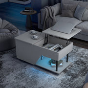 Left facing contemporary white storage coffee table with shelves, a lift top and LED lighting in a living room with accessories