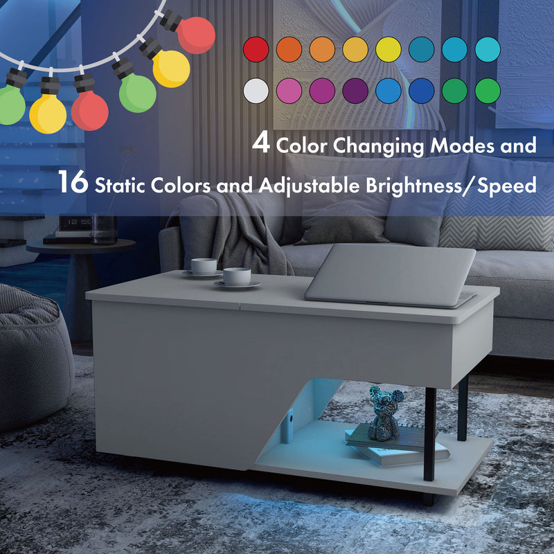 Informational image with the color options of the LED lighting on a contemporary white storage coffee table with shelves and a lift top