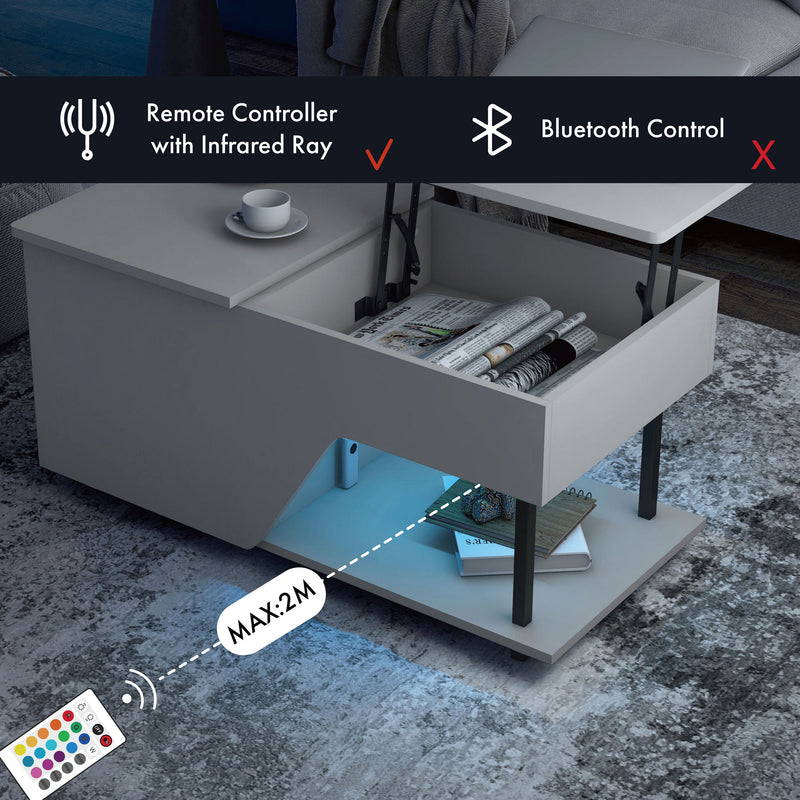 Informational image with the controller of the LED lighting on a contemporary white storage coffee table with shelves and a lift top