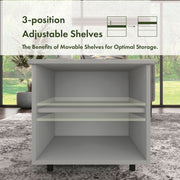 Informational image with the adjustable shelving on a contemporary white storage coffee table with shelves and a lift top