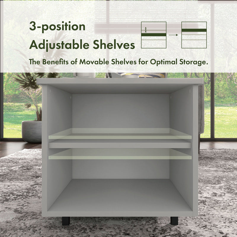 Informational image with the adjustable shelving on a contemporary white storage coffee table with shelves and a lift top