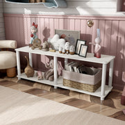 Left facing high-camera view of a two-shelf modular shelving unit with support rods in a room with accessories