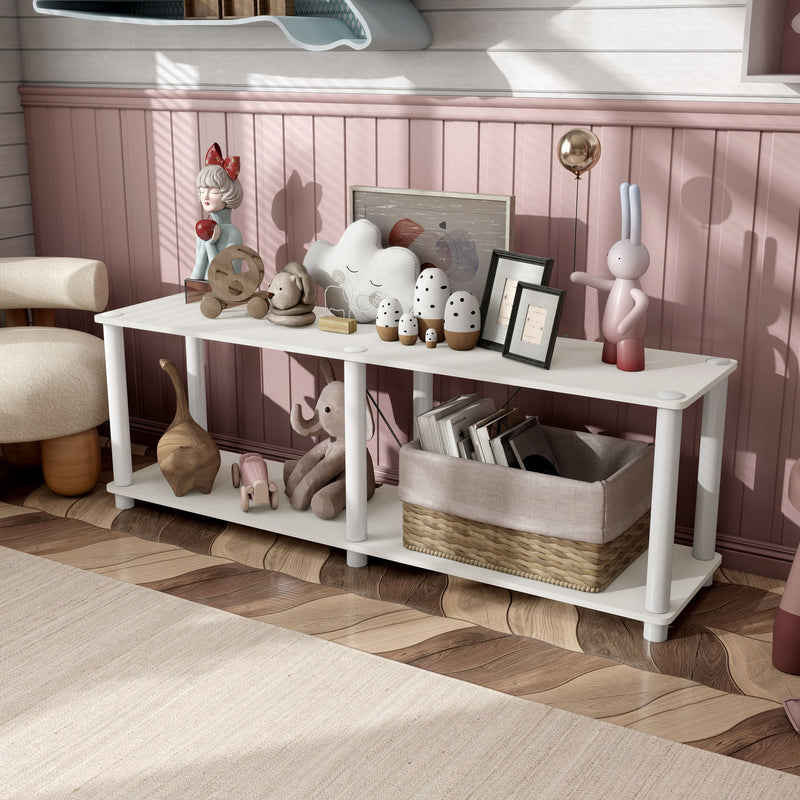 Left facing high-camera view of a two-shelf modular shelving unit with support rods in a room with accessories