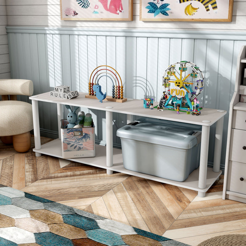 Left facing high-camera view of a two-shelf modular shelving unit with support rods in a room with accessories