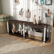 Left facing high-camera view of a two-shelf modular shelving unit with support rods in a room with accessories