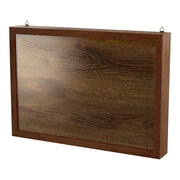 Left facing contemporary hanging antique cherry finish wood photo frame sliding cabinet on a white background