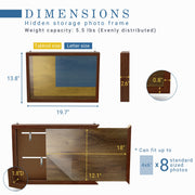 Informational image of the dimensions of a contemporary hanging antique cherry finish wood photo frame sliding cabinet