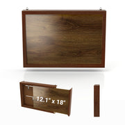 Informational image of the dimensions of a contemporary hanging antique cherry finish wood photo frame sliding cabinet
