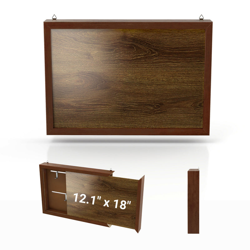Informational image of the dimensions of a contemporary hanging antique cherry finish wood photo frame sliding cabinet