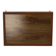 Front facing contemporary hanging antique cherry finish wood photo frame sliding cabinet on a white background