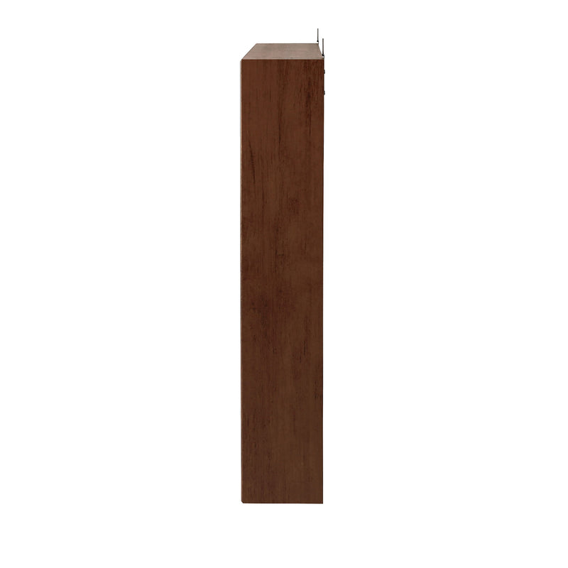 Front facing side view of a contemporary hanging antique cherry finish wood photo frame sliding cabinet on a white background