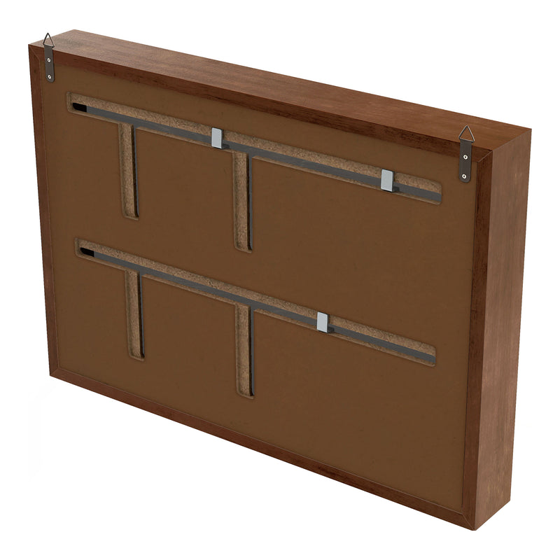 Left facing back view of a contemporary hanging antique cherry finish wood photo frame sliding cabinet on a white background