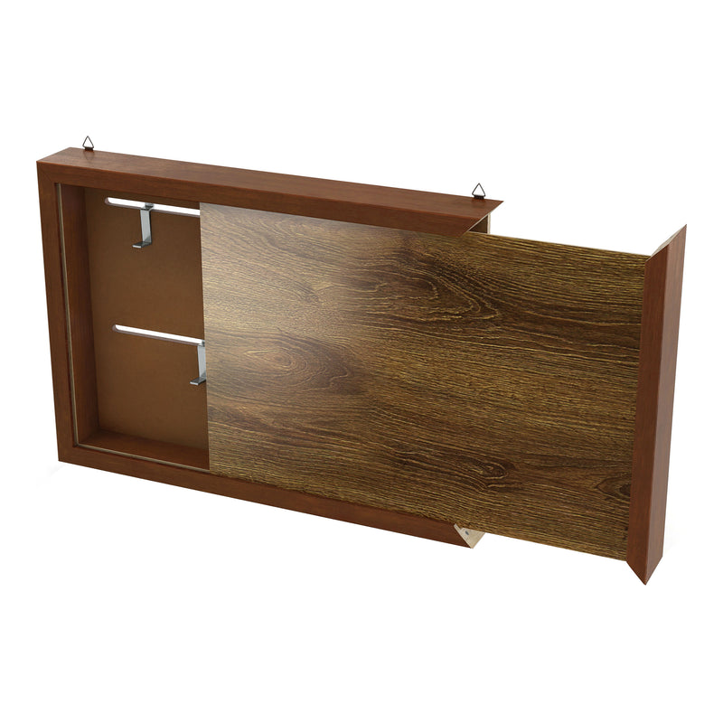 Left facing open view of a contemporary hanging antique cherry finish wood photo frame sliding cabinet on a white background