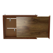 Front facing open view of a contemporary hanging antique cherry finish wood photo frame sliding cabinet on a white background