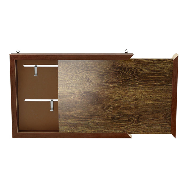 Front facing open view of a contemporary hanging antique cherry finish wood photo frame sliding cabinet on a white background