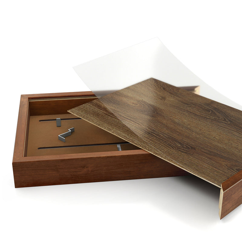 Right facing open/disassembled view of a contemporary hanging antique cherry finish wood photo frame sliding cabinet on a white background