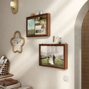 Left facing contemporary hanging antique cherry finish wood photo frames sliding cabinet hung with accessories